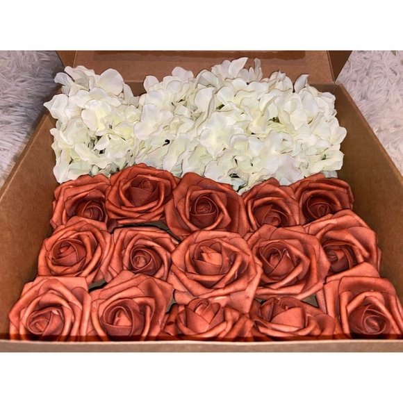 20 Count | Ivory Hydrangeas & Ling’s Terracotta Artificial Roses Wedding Flowers - Picture 2 of 3
